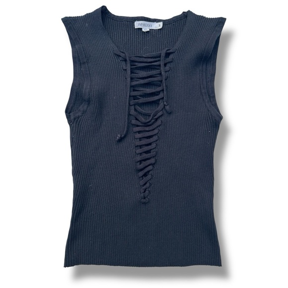 IMMODEL Black Deep Lace Up Front Sleeveless Rib Knit Top Women’s Size Small - Picture 1 of 6